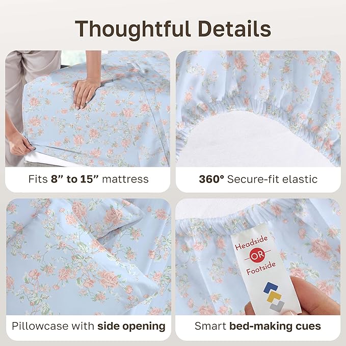 California Design Den Soft 100% Cotton Bed Sheets Twin Size Set, 400 Thread Count Good Housekeeping Award Winner, Smooth Sateen Finish, Cozy and Durable Twin Bedding Set - Floral Blue/Pink