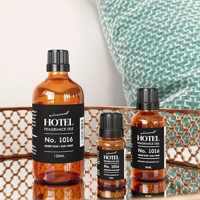 AirScent Hotel Diffuser Oil No. 1016 - Hotel Scent Dupe - Caraway Desert Rose and Oud - Premium Fragrance Oil for Ultrasonic and Waterless Diffusers and Crafting - 120 mL, 4 fl oz Glass Dropper Bottle