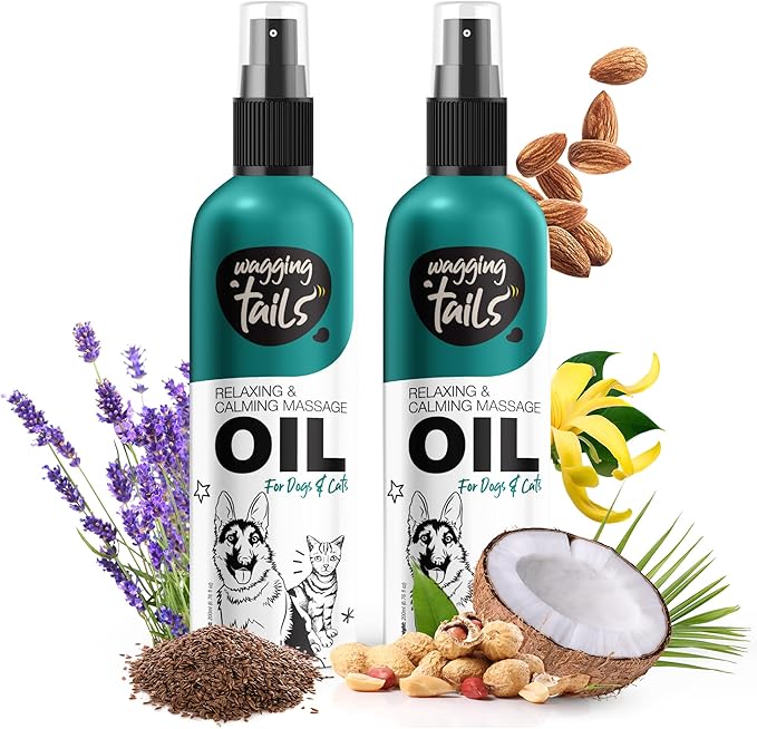 Wagging Tails Relaxing & Calming Massage Oil for Dogs and Cats | Pure Essential Oil Blend with Lavender & Almond Oil | Nourishing Skin & Shiny Coat, Promotes Relaxation for Pets 6.76 fl oz Pack of 2