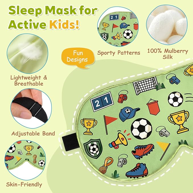 Kids Silk Sleep Mask – 100% Mulberry Silk Eye Cover, Kid Eye Mask with Adjustable Strap, Soft & Breathable Blackout Sleeping Mask for Boys and Girls Ages 5-15 (Soccer Ball Print)