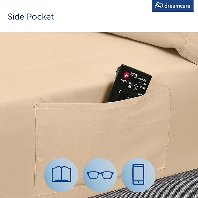 DREAMCARE Queen Sheet Set - 6 pcs Breathable Cooling Bed Sheets - up to 21" Extra Deep Pocket Queen Sheets Set with Side Pockets - Extra Soft 100% Brushed Hypoallergenic Hotel Luxury Bedding - Wheat