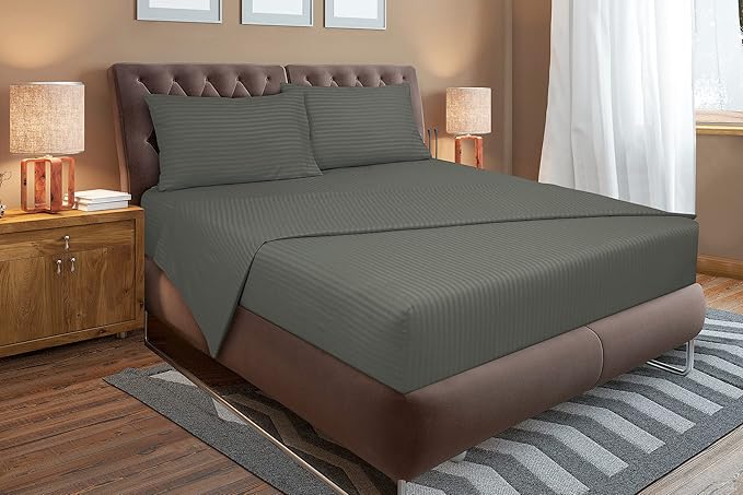 ROYALE LINENS 4 Piece Full Sheets Set - Soft Brushed 1800 Microfiber Bedding - 1 Fitted, 1 Flat Sheet, 2 Pillow Cases - Wrinkle Free & Fade Resistant - Hotel Luxury Bed Sheets (Stripe Grey, Full)