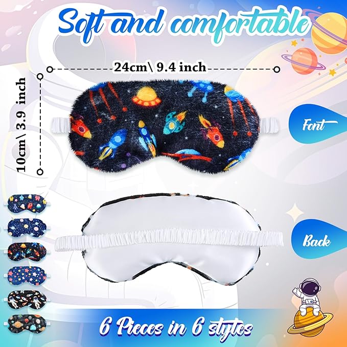 Cuffbow 6 Pack Plush Sleep Mask Set, Cute Plush Eye Masks for Sleeping, Soft Comfortable Travel Nap Blindfold, Sleepover Party Favors for Women(Astronaut,Blue)