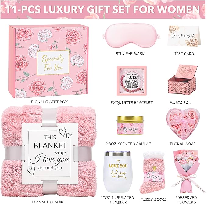 Mothers Day Gifts for Mom Wife Grandma Friends Sister, Birthday Gifts for Women, Self Care Get Well Soon Gifts, Spa Gift Baskets Set Thinking of You Care Package with Flannel Blanket Gift Box