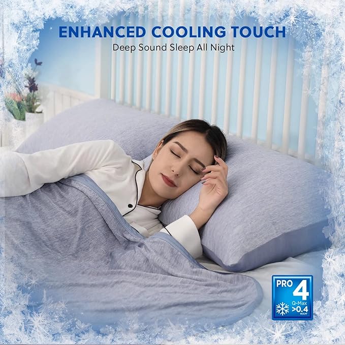 HOMFINE Cooling Pillowcases King Size - Double Side Q-Max 0.439 Cooling Fiber for Pillow Protector, Breathable Cold Pillow Cover for Hot Sleeper Night Sweat, Hidden Zipper, 2 Pack (20"x36", Blue)