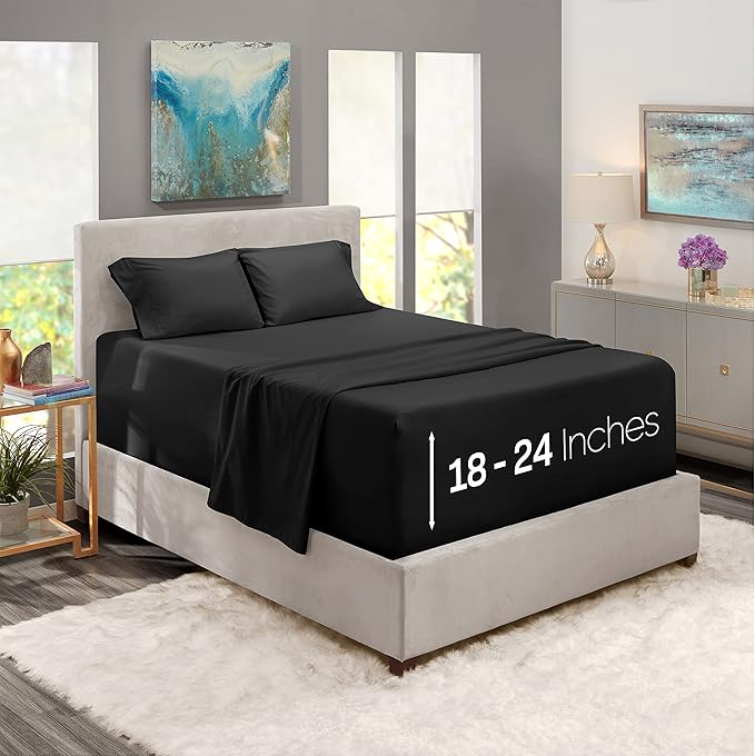 Nestl Full Size Sheet Set, 4 Piece Extra Deep Pocket (18-24 inches), Microfiber, Hotel Luxury, Soft, Breathable, Wrinkle-Free, Easy to Care, Black