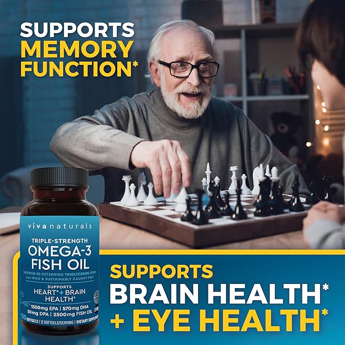 Viva Naturals Omega 3 Fish Oil Supplement for Women and Men - 2500 mg Triple Strength Fish Oil per Serving with Omega 3 Fatty Acids Including EPA, DHA DPA - 120 Pescatarian-Friendly Softgels