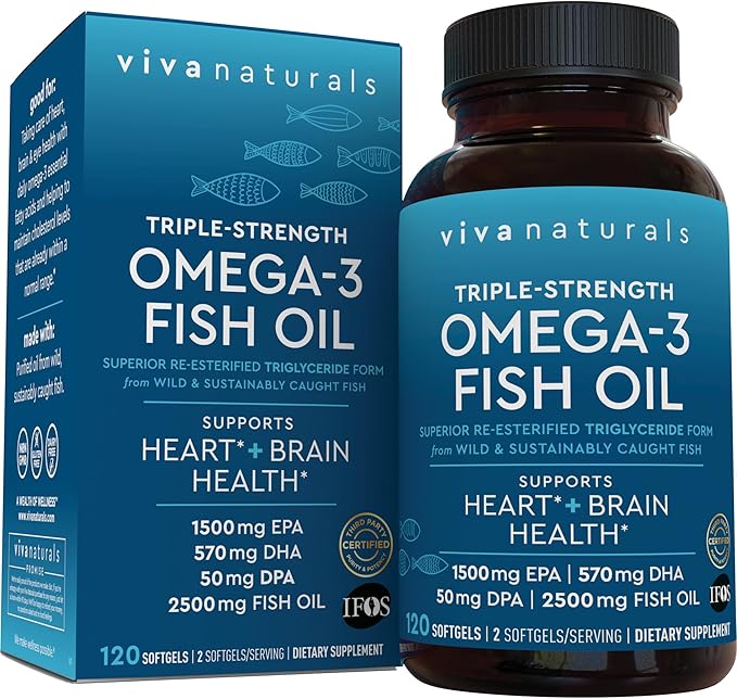Viva Naturals Omega 3 Fish Oil Supplement for Women and Men - 2500 mg Triple Strength Fish Oil per Serving with Omega 3 Fatty Acids Including EPA, DHA DPA - 120 Pescatarian-Friendly Softgels