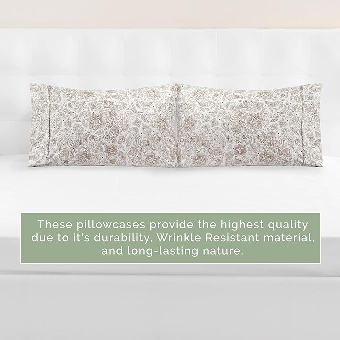 Elegant Comfort Ultra Soft Set of 2 Floral Print Pillowcases - 1500 Premium Hotel Quality Microfiber, Soft and Smooth Envelope Closure 2-Piece Pillow Covers - Standard/Queen, Paisley Taupe