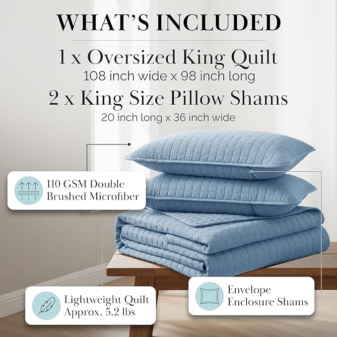 Southshore Fine Living, Inc. Summer Quilt King Size Bedding Set with 2 Pillow Shams, Lightweight Bedspreads King Size, Blue Coverlet Quilted Bedspread, Pet Hair Resistant Bedding, Coronet Blue Quilt