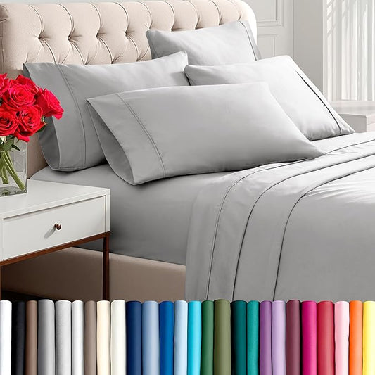 Bare Home Hotel Luxury Sheet Set, Extra Soft - 7 Piece Set - Deep Pockets - Easy Fit - Cooling & Breathable - Wrinkle, Fade, Stain Resistant - Includes 4 Pillowcases (Split Cal King, Light Grey)
