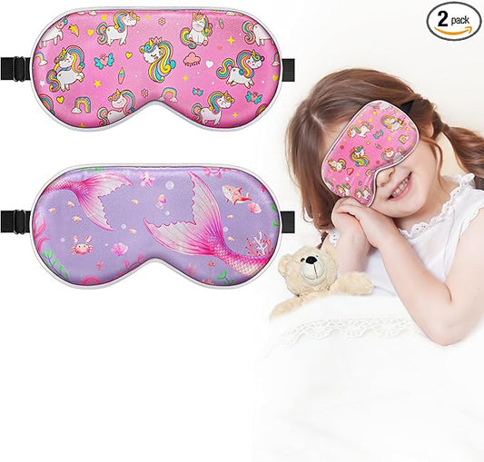 BeeVines Kids 100% Real Mulberry Silk Sleep Mask 2 Pack, Original Design Pure Silk Sleeping Eye Masks for Girls, Skin-friendly Blackout Eye Cover, Adjustable Strap, Reduce Puffy Eyes, for Travel Gifts