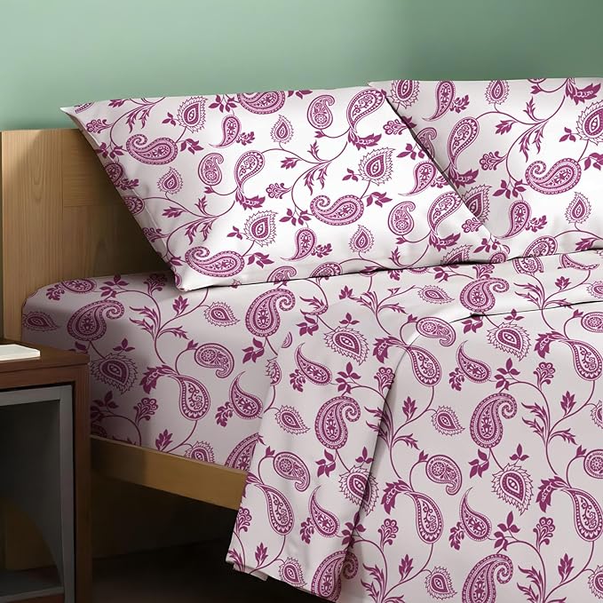 TEXAS LINEN CO. 100% Organic Cotton Printed Sheets California King Size - 4 PC Organic Cotton Cal King Percale Weave Sheet Set, Soft, Cooling & Crisp, 16" Deep Pocket Hotel Bedding Set - Paisley
