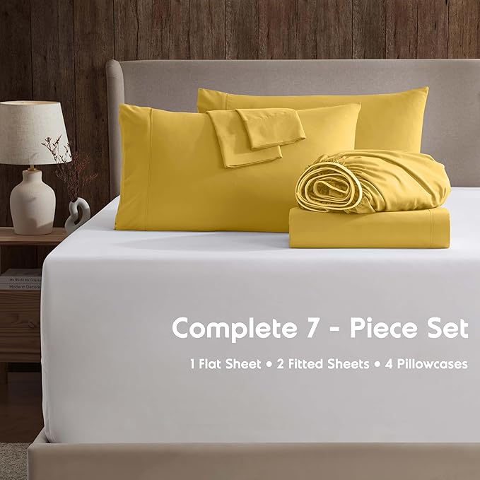 Nestl Extra Deep Split King Sheet Set - 7 Piece Breathable & Cooling Sheets - Hotel Luxury Bedding Set w/18-24 Inch Deep Pockets - Easy & Secure Fit - Super Soft, Wrinkle Free & Comfy - Yellow