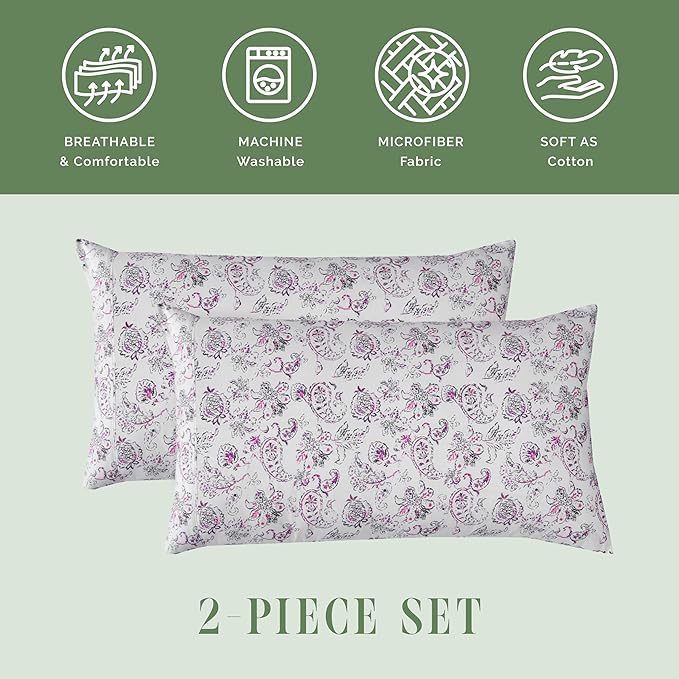 Elegant Comfort Ultra Soft Set of 2 Floral Print Pillowcases - 1500 Premium Hotel Quality Microfiber, Soft and Smooth Envelope Closure 2-Piece Pillow Covers - Standard/Queen, Paisley Purple