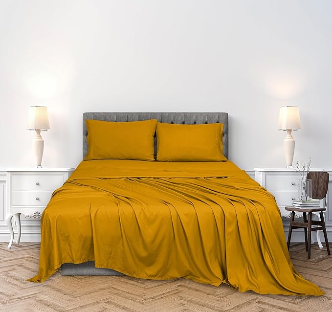 ROYALE LINENS 300 Thread Count 100% Long Staple Combed Cotton Sheet Set - 4 Piece King Bed Sheets - 1 Fitted, 1 Flat & 2 Pillow Cases - Soft Cool & Crisp Sheet Set (King, Yellow)