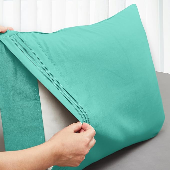 Mocassi 2-Piece Premium King Pillowcase Set 1800 Series Hotel Quality Microfiber - Soft and Breathable with 3-Line Embroidery Wrinkle and Stain Resistant, Easy Care, 20" x 40", Minted Aqua