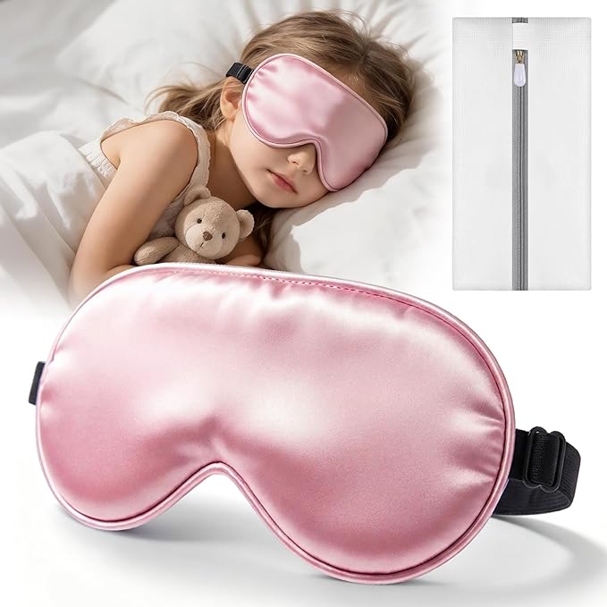 Kids Sleep Mask Eye Cover, Silk Sleeping Mask for Kids, Soft Blackout Blindfold Eye Mask with Adjustable Strap & Laundry Bag for Easy Washing, Gift for Girls Boys Ages 5-15 (Pink)