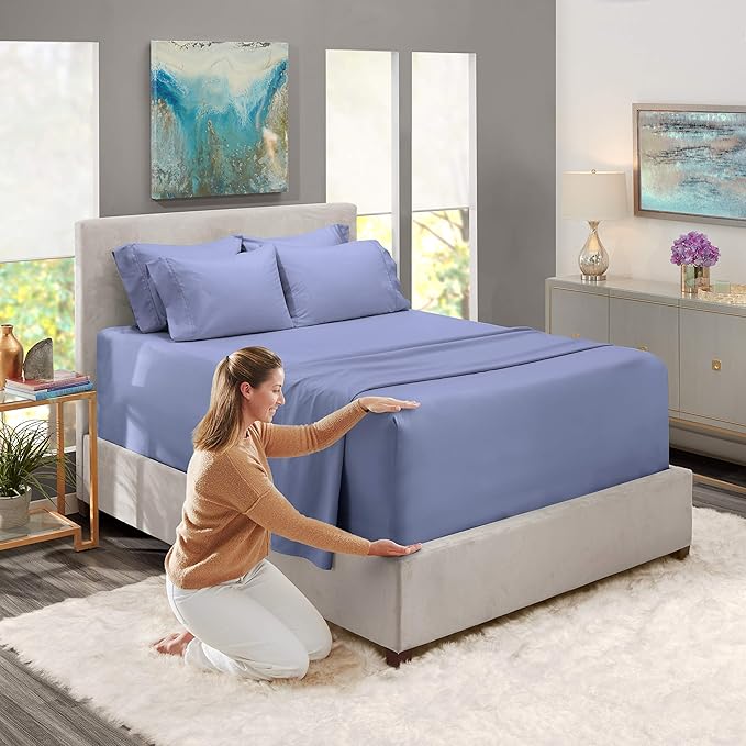 Hearth & Harbor Extra Deep Pocket Sheets - Fits Mattress 18-24 Inches Deep - Extra Deep Pocket Twin Sheets Sets - 4 Piece Twin Size - Steel Blue