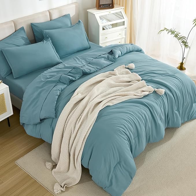 Litanika Super King Plus Comforter Sets Grayish Teal - 7 Pieces Bed in a Bag Beddding Sets, Solid Lightweight Bed Set with Comforter, Sheets, Pillowcases & Shams