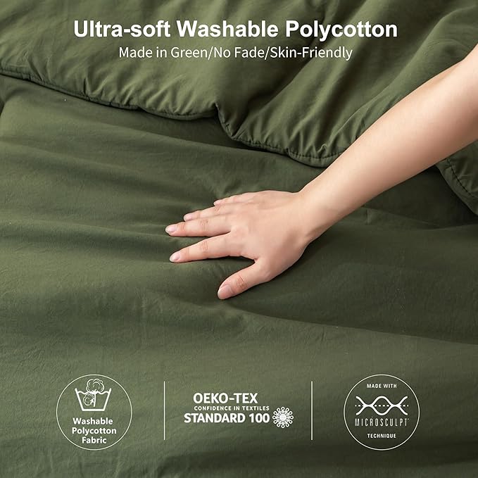 7-Piece Queen Bed in a Bag, Super Soft Queen Sheet Set with Comforter, Solid PolyCotton All Season Down Alternative Comforter 1 Flat Sheet Fitted Sheet 2 Pillow Case 2 Pillowsham, Olive Green