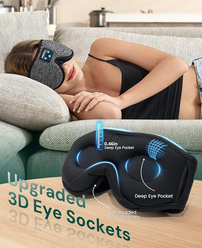 3D Contoured Sleep Mask with Bluetooth 5.4 Headphones, Wireless Music Sleep Headphones for Side Sleepers, Blackout & Noise Cancelling Eye Mask for Men Women, Fast Charging & Long Playtime Battery