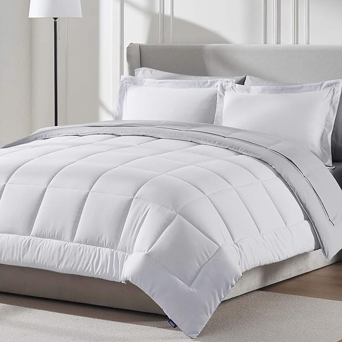 Nestl 9 Piece California King Comforter Set – White Reversible Bed in a Bag – Complete Cal King Size Bedding Set with Sheets, Set of 2 Cooling Pillows, Pillowcases and Shams