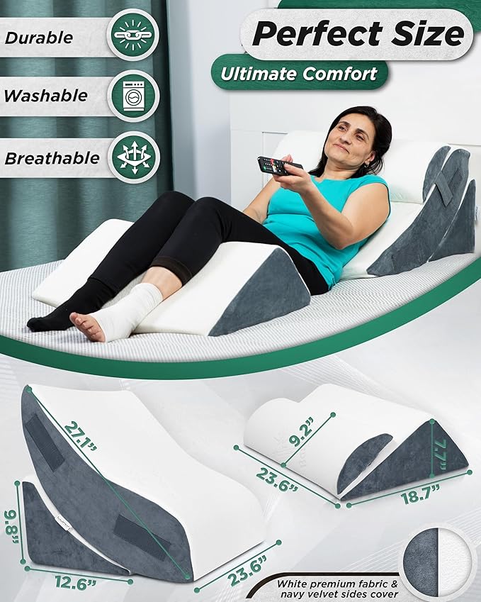 Lunix LX5 4-Piece Support for Shoulder & Upper Body Rest, Orthopedic Bed Wedge Pillow Set, Elevated Memory Foam for Post-Op Recovery & Sleep Comfort, Arctic Navy