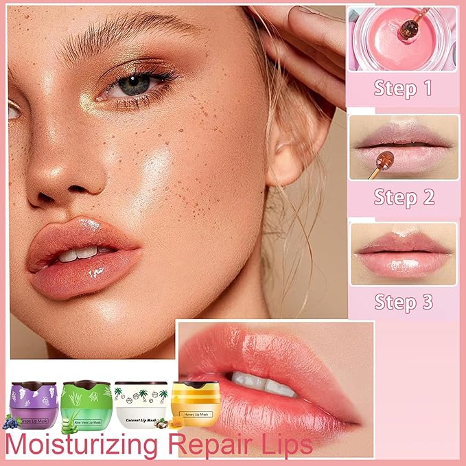4 PCS Bee Lip Balm Honey Pot, Honey Coconut Aloe Vera Grape Sleeping Lip Mask Overnight with Sticks, Exfoliating Prevention Dry and Crack Lip Scrubs