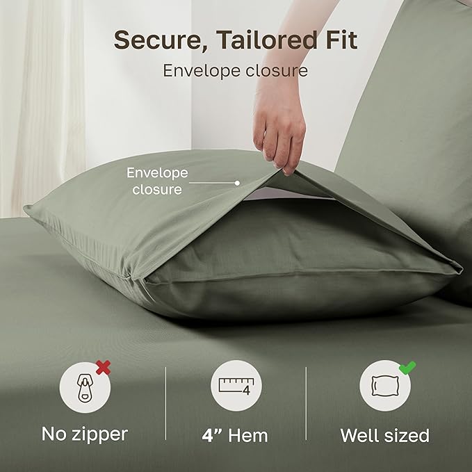 California Design Den 100% Egyptian Cotton Pillow Covers Standard Size/Queen Size Set of 2 - Crisp Percale Feel, Soft & Breathable Pillow Case Cotton (Sage Leaf)