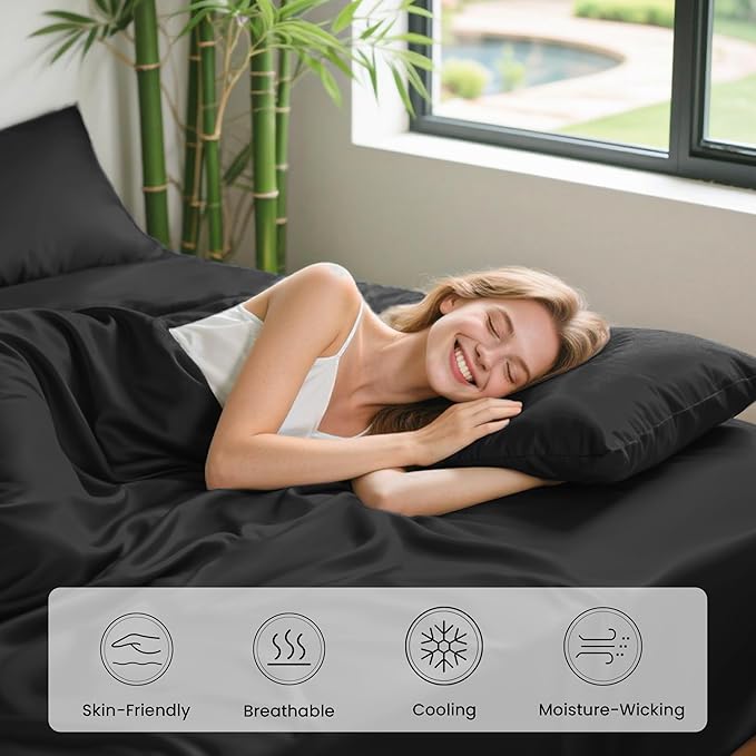 Love's cabin 4 Piece King Size Sheet Set, 100% Rayon Derived from Bamboo, Cooling & Breathable, Soft Silky Deep Pocket up to 16", Hotel Luxury Bedding for Hot Sleepers, Black