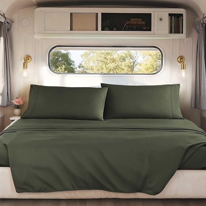 Clara Clark RV Short Queen Sheets - Hotel Luxury 6 Piece Bed Sheets for Short Queen Size Bed - Soft Bedding Sheets & Pillowcases, Fits Low Mattress up to 10 inch deep. Short Queen, Olive Green