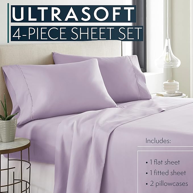 HC COLLECTION Bed Sheets Full Size Set, Hotel Luxury Platinum 1800 Series Brushed Microfiber Sheet w/Pillow Cases, Ultra Soft Lightweight 4 Pcs Bedding for Hot Sleepers Men Women Teens, Lavender