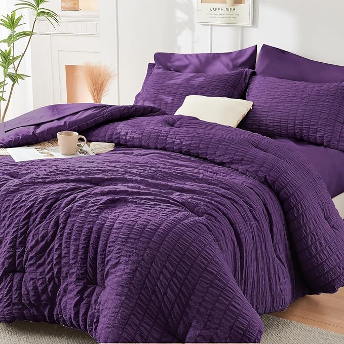 HYMOKEGE Dark Purple Queen Comforter Set Seersucker 7 Pieces, All Season Luxury Bed in a Bag Queen for Bedroom, Bedding Set with Comforter, Sheets, Pillowcases & Shams