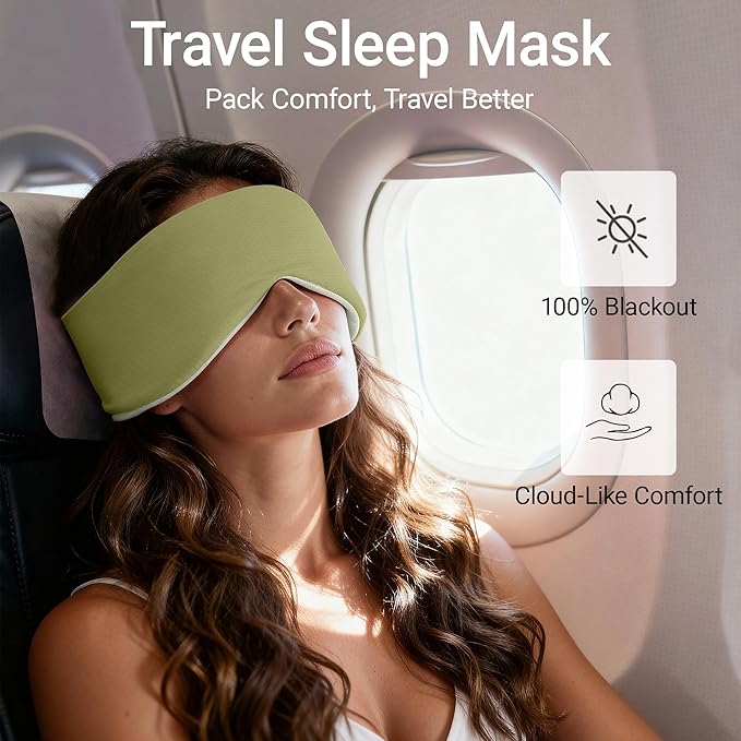 Reversible Full-Cover Meadow Mint White Cotton Eye Mask for Sleep, Adjustable Breathable Wrap, Lightweight Total-Dark Blindfold for Sleep Travel, Holiday Gift Kit for Women Girl Men Adults