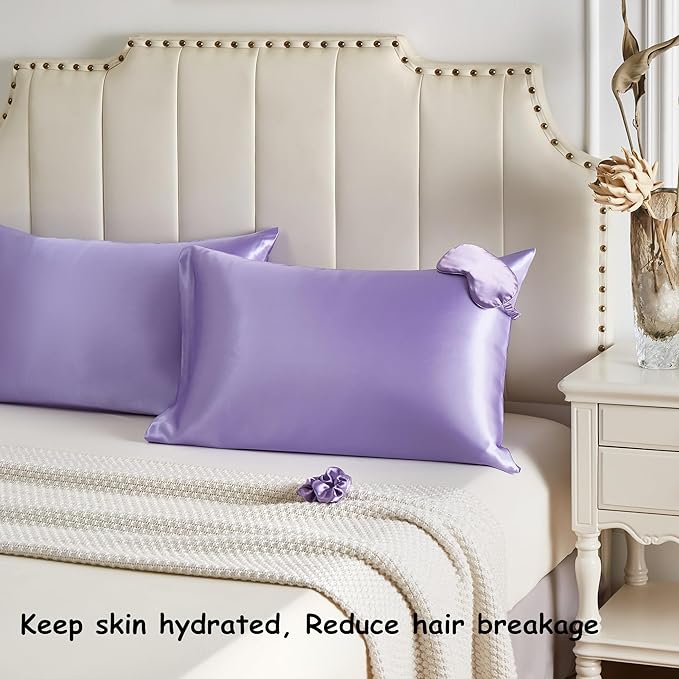 Purple Satin Pillowcase for Hair and Skin, Super Soft Vegan Silk Sleep Set-2 Satin Pillow Cases Standard Size, 1 Eye Mask, 1 Scrunchie, Self Care Essential Satin Night Routine Kit