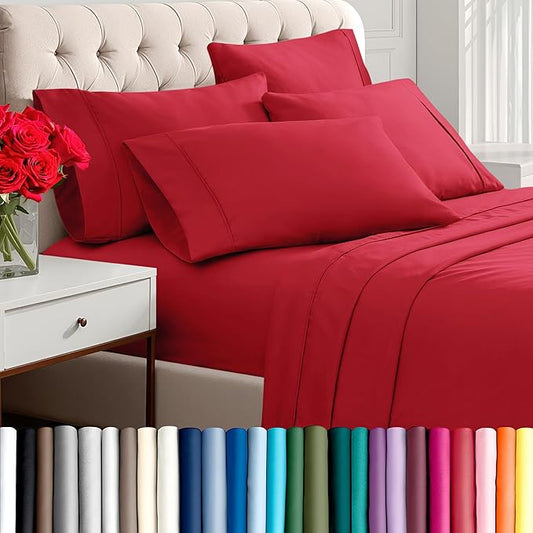 Bare Home Hotel Luxury Full XL Sheet Set, Extra Soft - 6 Piece Set - Deep Pockets - Easy Fit - Cooling & Breathable - Wrinkle, Fade, Stain Resistant - Includes 4 Pillowcases (Full XL, Red)