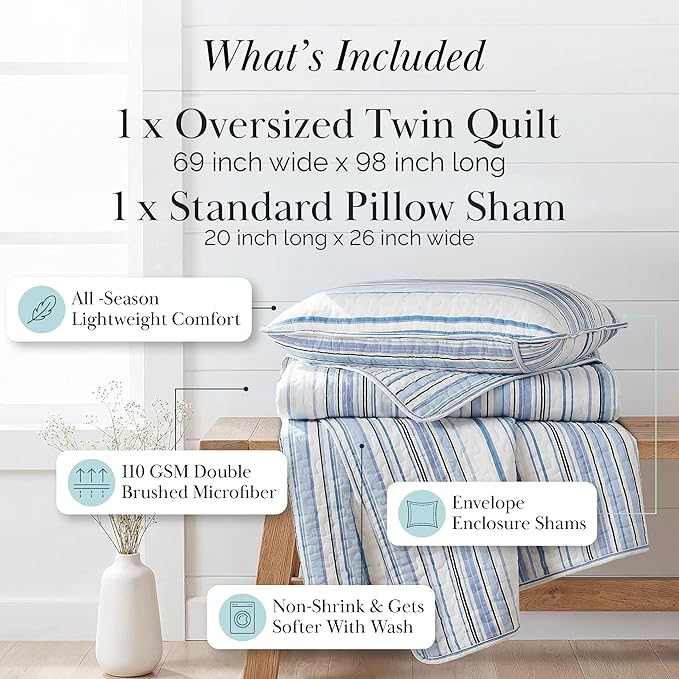 Southshore Fine Living, Inc. Twin/XL Quilt Bedding Set, Dorm Bedding Essentials, Stain Resistant, Machine Washable Striped Bedspread, Twin XL Comforter Set w/Pillow Sham, Blue Striped