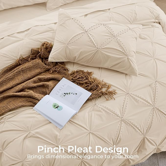 Sasttie Twin Comforter Set, 5-Piece Bed in a Bag, Pintuck Bedding Sets for All Season, Includes Comforter, Flat Sheet, Fitted Sheet, Pillowcase and Pillowsham, Warm Beige