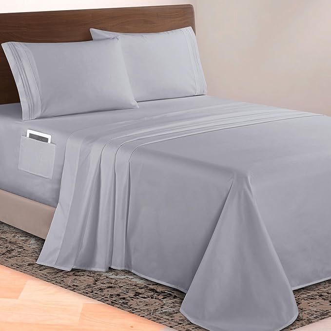 Elegant Comfort Luxurious 1500 Premium Hotel Quality Microfiber 4-Piece Sheet Set, 18-24 Inches Deep - Extra Deep Pocket Sheets - Ultra Soft 4PC Deep Pocket Sheets, Queen, Silver Gray