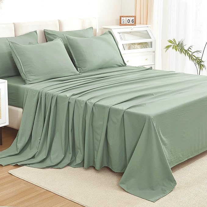 Litanika Comforter Queen Size Set Sage Green - 7 Pieces Bed in a Bag Queen Bedding Comforter Sets, Plain Lightweight Bed Set with Comforter, Sheets, Pillowcases & Shams