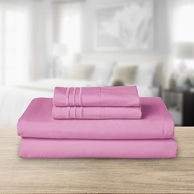 Elegant Comfort Luxurious 1500 Premium Hotel Quality Microfiber Three Line Embroidered Softest 4-Piece Bed Sheet Set, Wrinkle and Fade Resistant, Full, Light Pink