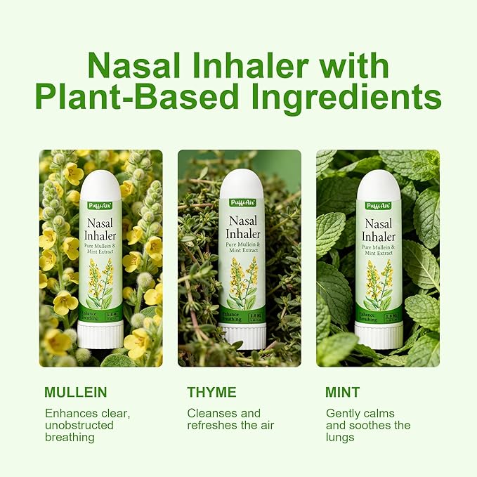 PUFFIAIR Mullein Nasal Sticks (3 Pack) 丨Pure Mullein & Mint Extract丨 Boost Focus, Reduce Fatigue & Stuffy Noses 丨 Support Craving Relief for Smokers, Energy Boost & Respiratory Health