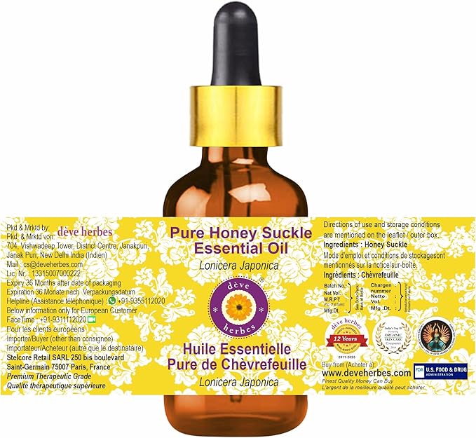 Deve Herbes Pure Honey Suckle Essential Oil (Lonicera Japonica) with Glass Dropper Steam Distilled 100ml(3.38oz)