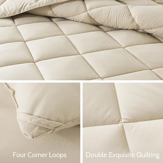 Decroom Lightweight Queen Comforter Set with 2 Pillow Sham - 3 Pieces Set - Quilted Down Alternative Comforter/Duvet Insert for All Season - Beige - Queen Size
