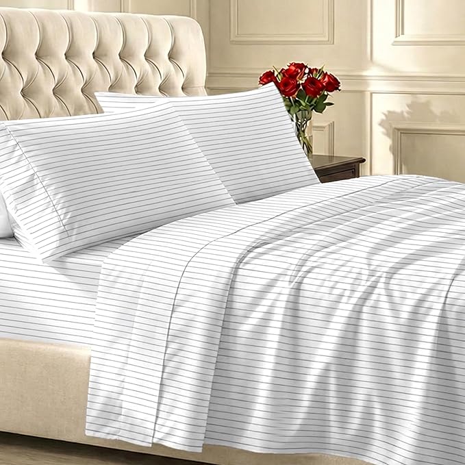 California Design Den Soft 100% Cotton Twin Size Bed Sheets Set, 400 Thread Count Good Housekeeping Award Winner, Smooth Sateen Finish, Cozy and Durable Twin Bedding Set - Pinstripe