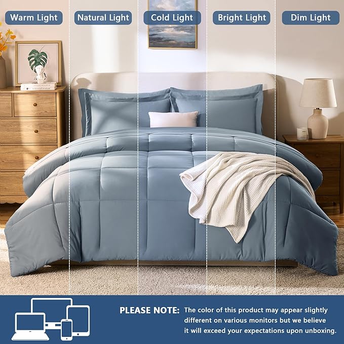 CozyLux Queen Comforter Set Grayish Blue, 7 Pieces Bed in a Bag Queen, All Season Breathable Bedding Sets,Oeko-Tex Certified Bed Set with Down Alternative Comforter, Sheets, Pillowcases & Pillow shams