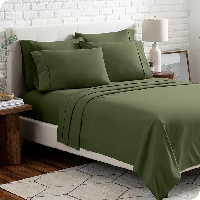 Bare Home Hotel Luxury Sheet Set, Extra Soft - 6 Piece Set - Deep Pockets - Easy Fit - Cooling & Breathable - Wrinkle, Fade, Stain Resistant - Includes 4 Pillowcases (Split Head Flex King, Cypress)