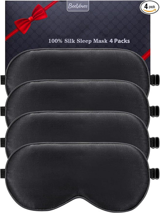 BeeVines Sleep Mask, 4 Packs 100% Real Natural Pure Silk Eye Masks with Adjustable Strap for Sleeping, Mulberry Silk Eye Sleep Shade Cover, Block Light Reduces Puffy Eyes Traveling Gifts(Black)