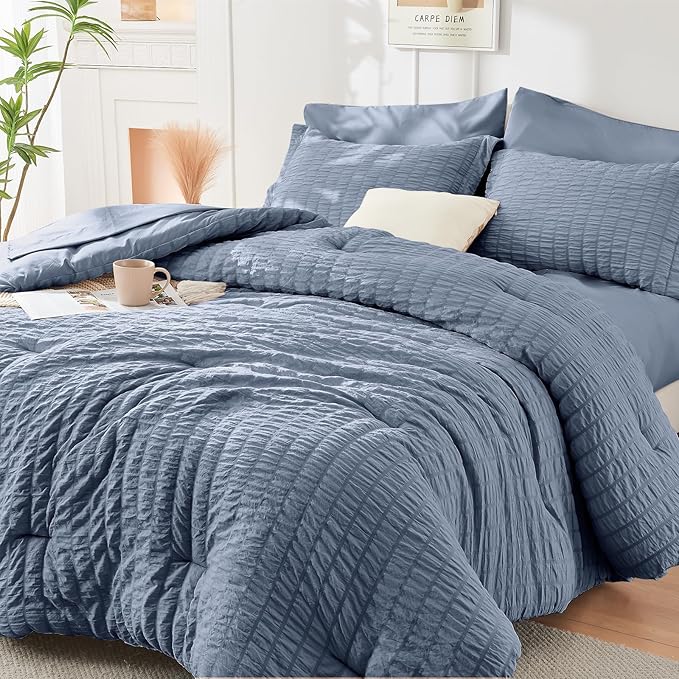 HYMOKEGE Nordic Blue Full Size Comforter Sets Seersucker 7 Pieces, All Season Luxury Bed in a Bag for Bedroom, Bedding Set with Comforter, Sheets, Pillowcases & Shams